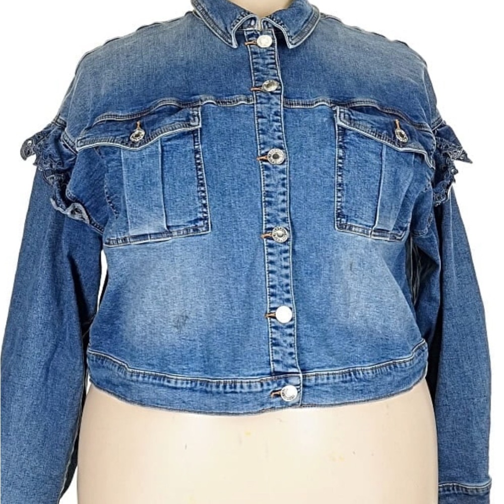 ELOQUII Elements Blue Denim Jacket with Ruffle Details!